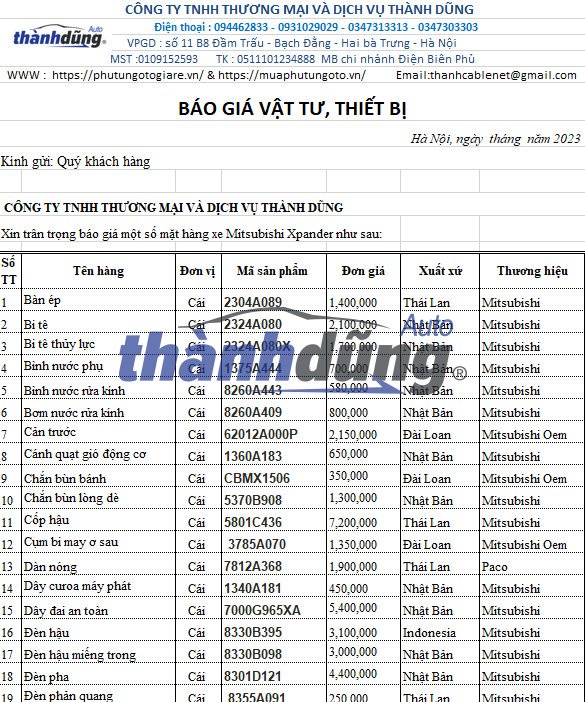 GIÁ PHỤ TÙNG XE MITSUBISHI XPANDER